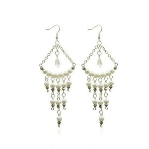Hand Crafted White Glass Pearl Crystal Briolette 4" Long Chandelier Earrings